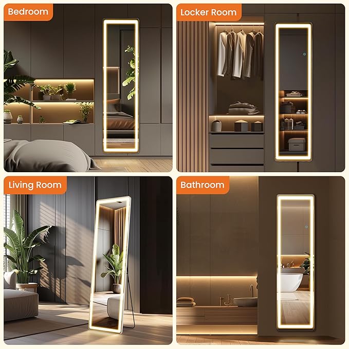 NEWBULIG 60"x16" Full Length Mirror with Light, 3 Color Lighting Full Body Floor Mirror with Aluminum Alloy Thin Frame, Wall or Standing Mirror for Bedroom, Living Room, Dressing Room, White