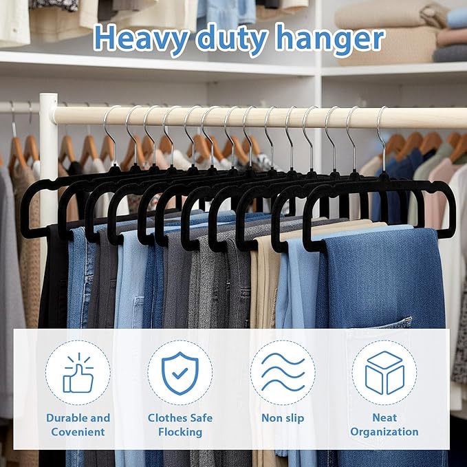 30 Pack Velvet Pants Hangers Non Slip, Black Flocked Trouser Hangers with Swivel Hook, Space Saving Slim Clothes Hanger for Closet, Jeans, Shirts and Dresses