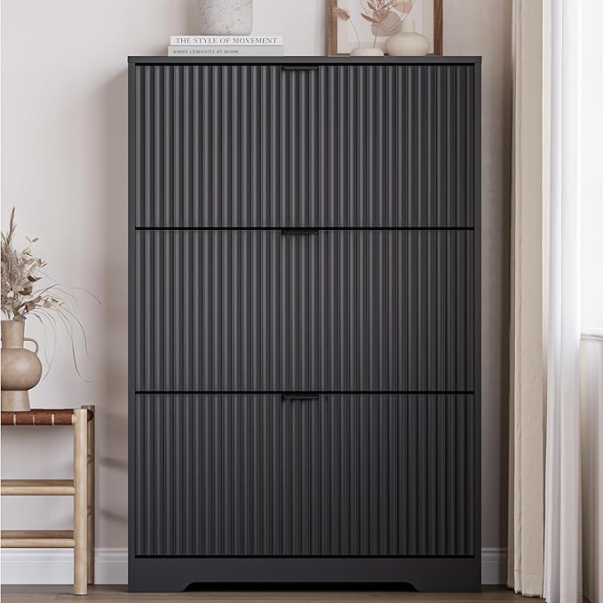 BORNOON Entryway Shoe Cabinet with 3 Flip Drawers, Narrow Shoe Organizer Cabinet with Fluted Panel and Adjustable Shelves for Foyer, Hallway
