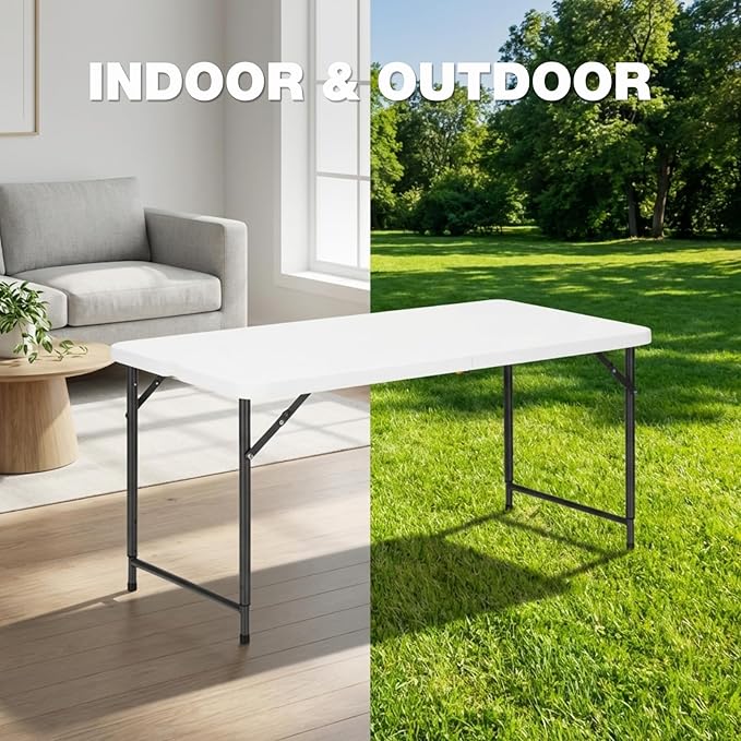 4ft Folding Table with Adjustable Height, 3-Level Foldable Table with HDPE Top & Steel Legs, Portable 4 Foot Folding Table for Picnic, Party, Craft, Indoor Outdoor Use, White