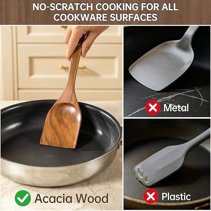 Wooden Utensil Set 8 PCS - Natural Non-Toxic Acacia Wooden Spoons for Cooking, Nonstick, Sturdy,Easy to Clean, Wood Kitchen Utensils Set with Holder, Spoon Rest, Ideal for Gifting