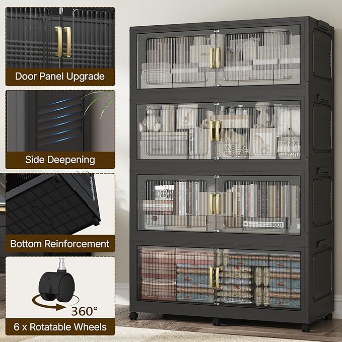 Extra Large Stackable Storage Bins with Lid, 210Gal/840QT Foldable Collapsible Storage Box with Doors, Wheels and Drawers, Plastic Closet Organizer Container for Kitchen, Bedroom, Dorm, 3Pack