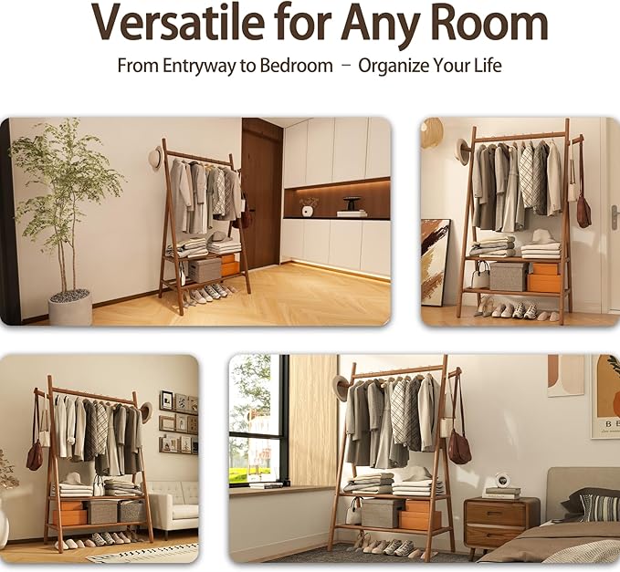 Solid Wood Clothes Rack with 2 Shelves & Hooks, Freestanding Garment Rack & Coat Rack Load 350 Lbs for Hanging Clothes & Organizer, Simple and Practical for Entryway Bedroom Living Room (31.5"W)