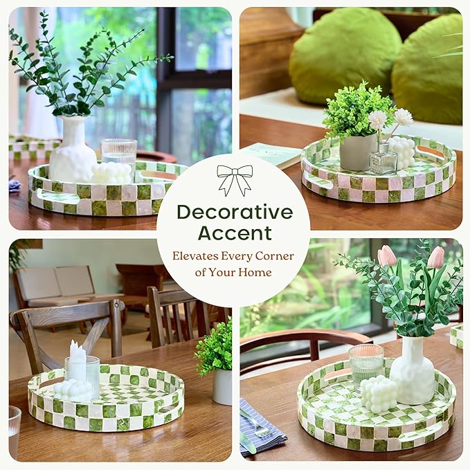 CHI AN HOME 12.6" Round Decorative Tray with Handles, Checkered Capiz Mother of Pearl Serving Tray for Coffee Table, Kitchen Counter, or Bathroom (Pistachio Green and White)