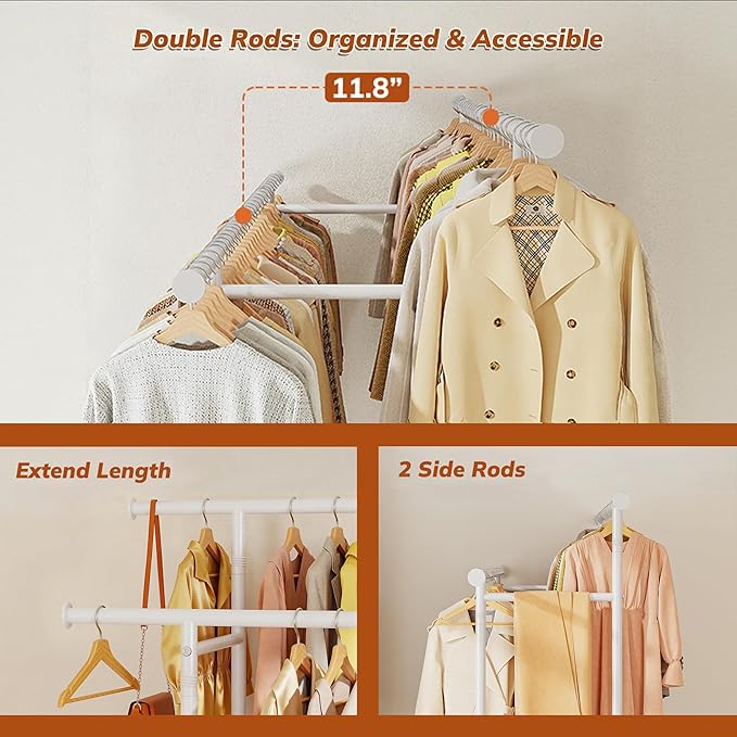 Clothes Rack Clothing Racks for Hanging Clothes, Rolling Clothes Rack Portable Clothing Rack, Double rod clothing rack with Storage Basket, Garment rack for Bedroom, Laundry Room, White