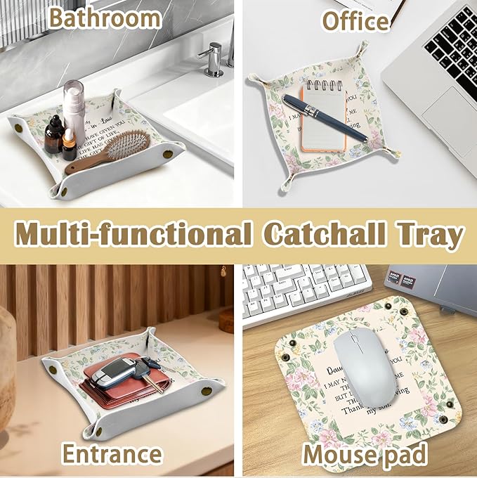 Daughter in Law Gifts Jewelry Valet Tray for Women, Gifts for Daughter in Law PU Leather Catchall Beside Caddy Nightstand Organizer Tray for Jewelry Rings Watches and Accessories, 7.87x7.87in