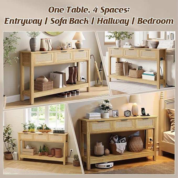 Luoxiao Natural Entryway Table with Power Outlets & USB-C, Boho Rattan Console Sofa Table with 3 Drawers, Narrow Sofa Table Behind Couch, Foyer Hallway Storage Table with Shelf, Anti-Tip, 47 Inch