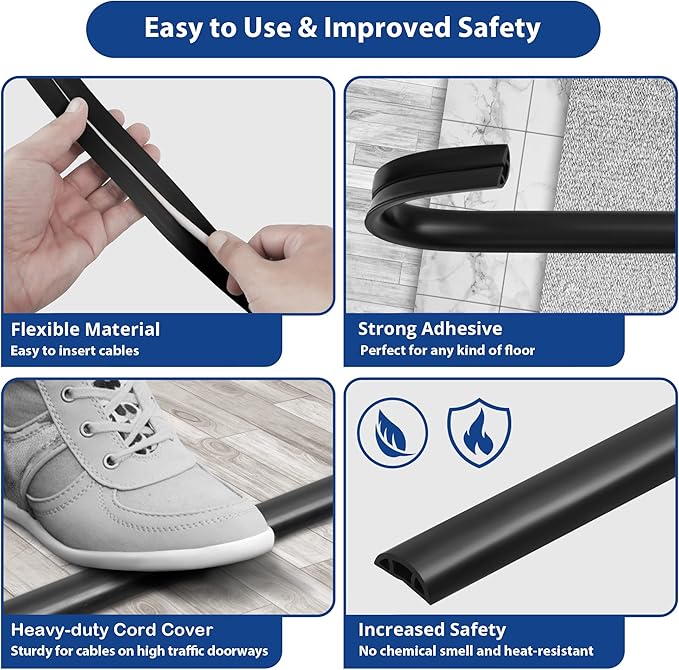 Cord Cover Floor 6ft Black, PVC Floor Cable Cover, Cord Hider Floor Cord Protector Prevent Cable Trips & Protect Wires, Floor Cable Management Hide Cords on Floor, Cord Cavity - W0.47 x H0.28
