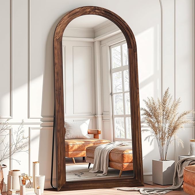 Antok Full Length Mirror with Solid Wood Frame, 71"×32" Wall Mounted Oversized Floor Mirror with Stand, Leaning Standing Hanging for Bedroom Living Room Entryway, Walnut, Arched Syle