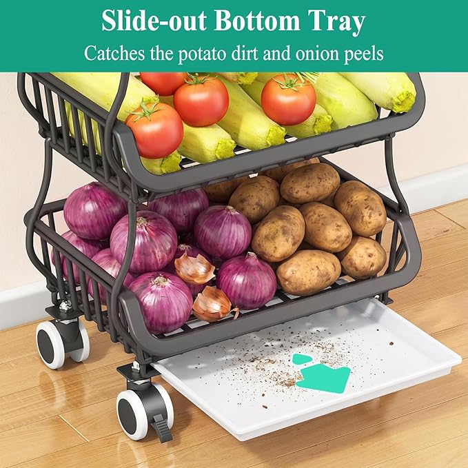 SAYZH Fruit Basket Kitchen Pantry Organizers and Storage - Wooden Top Table, Stackable Metal Wire Basket Stand Cart for Fruit Vegetable Snacks Onion Potato Organization (Black, 4 Tiers)