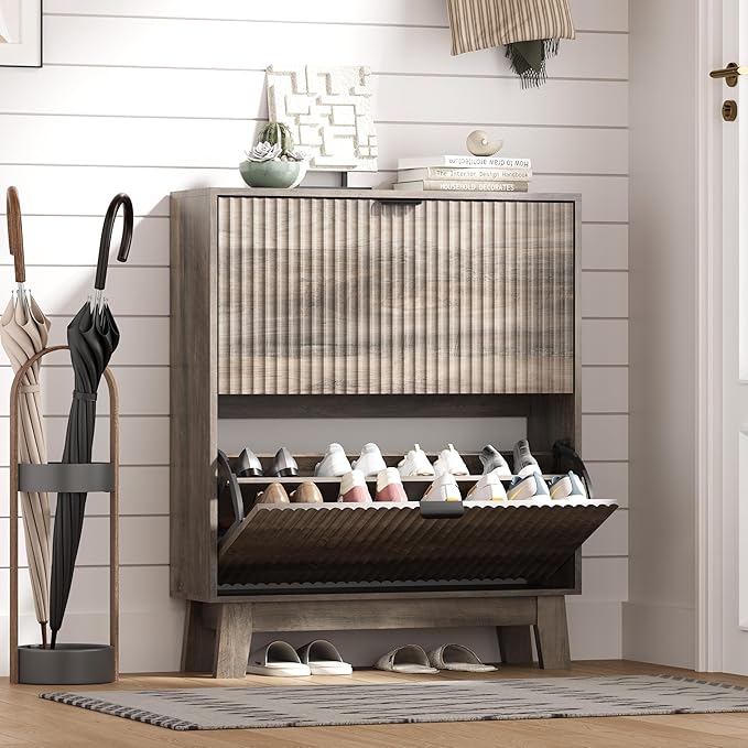HUANLEGO Shoe Cabinet Storage for Entryway with 2 Flip Drawers, Fluted Narrow Shoe Organizer with Wooden Legs, Freestanding Slim Shoe Storage Hidden Shoe Rack Organizer for Front Door Entrance, Grey