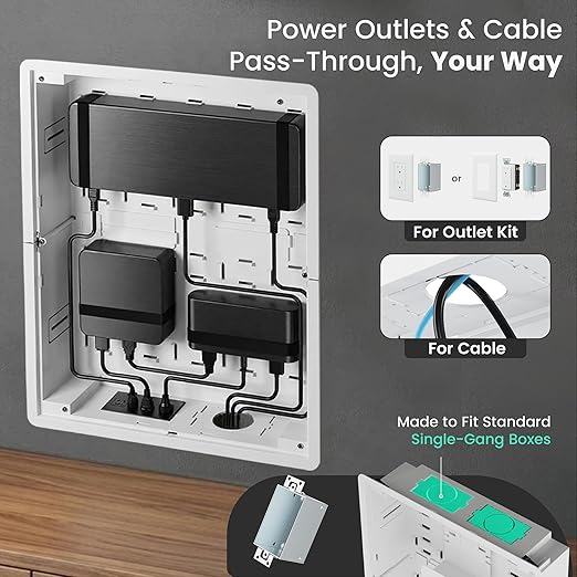 ynVISION.DESIGN 17" Recessed in-Wall Media Box for TV – Flush Wall AV Enclosure with Adjustable Shelf, Cable Straps & Vented Cover – Compatible with Apple TV, Roku & More - Pack of 4