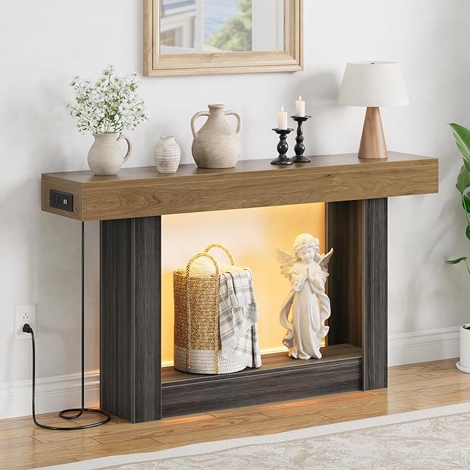 LIFECHOVY 47.2" Farmhouse Wood Entryway Table with Outlet, 2-Tier Console Table with Sensor Light Behind the Couch Sofa, Entrance Side Table for Hallway/Living Room/Foyer, Natural Oak&Grey