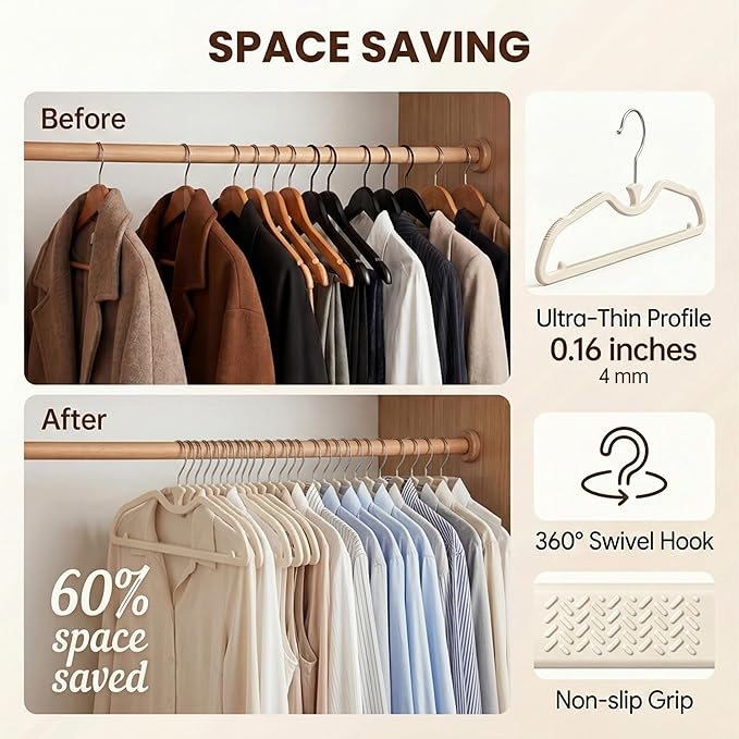 40 Pack Short Neck Hangers - Ultimate Value Set, Upgraded Liquid Silicone Non-Slip Space Saving Clothes Hangers, Heavy Duty Coat Hangers, 360° Swivel Hook, Lint-Free, Cream