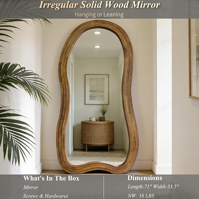 Irregular Full Length Mirror, 71"x33.5" Oversized Organic Floor Mirrors with Triple-Layer Solid Wood Frame, Asymmetrical Full Body Mirror for Living Room Entryway Hallway, Leaning/Hanging