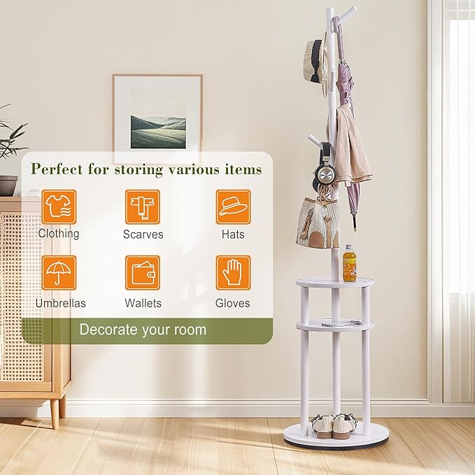 VECELO Coat Rack Freestanding, Entryway Hanger Stand, Umbrella Holder, Hall Tree With Hooks, Floor Standing Metal Tree Stand,White
