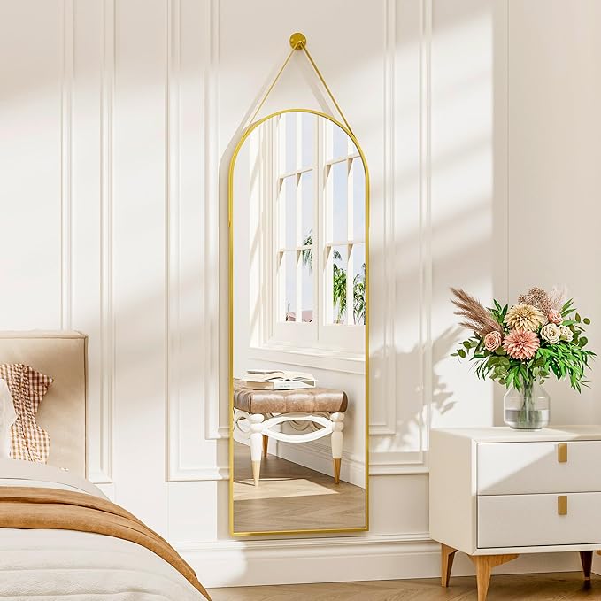 16"x48" Hanging Mirror with Leather Strap,Arched Full Length Mirror with Aluminum Frame Wall-Mounted Hanging Mirrors for Bathroom Vanity Living Room Bedroom Entryway Décor, Gold