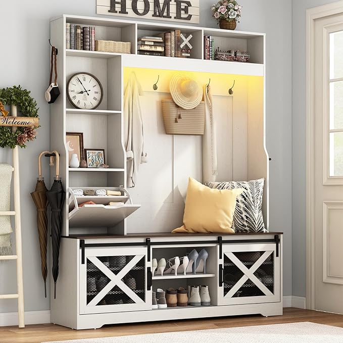 75''H 59''W Large LED Farmhouse Hall Tree with Bench and Shoe Storage,Entryway Bench with Coat Rack,16 Shoe Cubbies & Umbrella Holder and Sock Storage Drawer,Mudroom/Hallway Storages Cabinet(white )