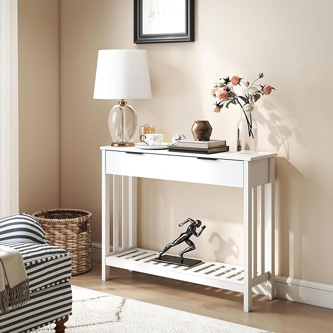 TaoHFE White Narrow Console Table with Drawer Storage Shelf, Modern Wooden Entryway Sofa Table, 39 Inch Slim Behind Couch Table, Side Display Console Table for Living Room,Office,White