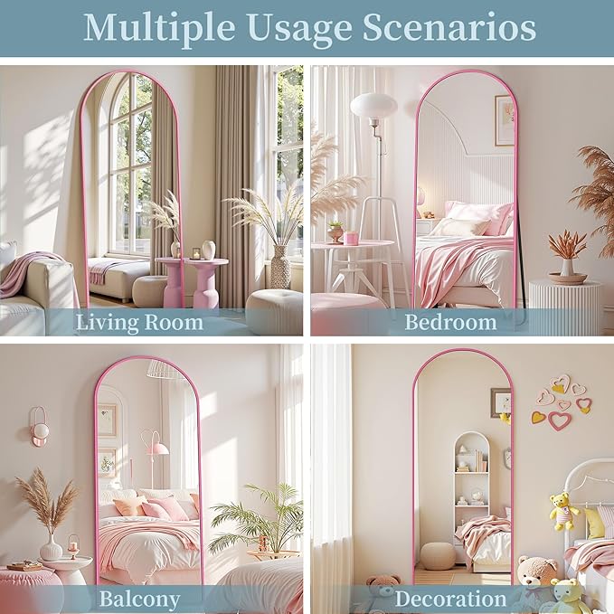 Full Length Mirror with Stand, 58"x19" Arched Full Body Mirror, Large Stand Up Aluminum Frame Floor Freestanding Hanging Leaning Mounted for Bedroom Living Room Entryway Pink