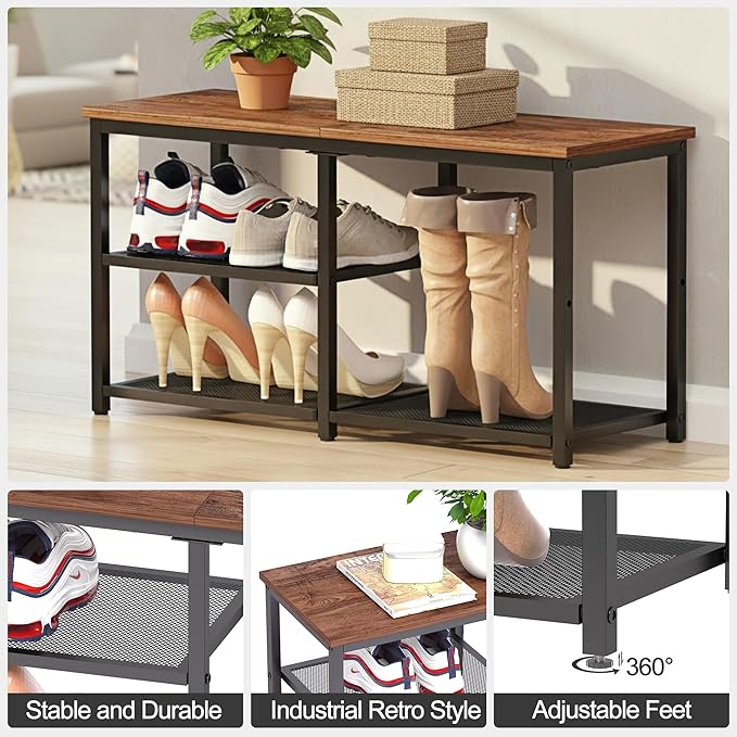 CHEMPFR Shoe Bench with Storage, Shoe Rack Organizer, Spacious Wood Top Entryway Bench, with 300 lb Capacity for Hallway, Living Room, Rustic Brown (3 Tier 31.5″x11.81″x15.74″)