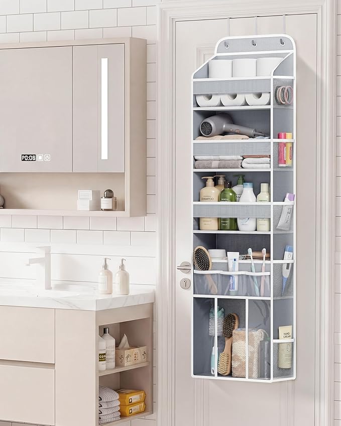 OneDream Over the Door Organizer for Nursery, 5-Tier Baby Clothes Organizer with Removable Storage Caddy, Hanging Behind Door Storage with Clear Pockets and Side Mesh Compartments, Grey