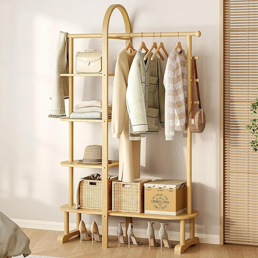 41.3" Wide 3-in-1 Freestanding Clothing Rack, Wooden Coat Rack with 4 Shelves and 5 Hooks,Solid Rubber Wood Coat Rack with Shelves for Entryway, Bedroom, Living Room,Natural