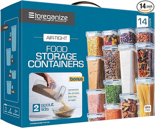 14 PCS Airtight Food Storage Containers with Lids set, BPA Free Leak-proof Kitchen and Pantry Organization Canisters for Cereal, Pasta, Dry Food, Flour Sugar, Stackable, Free Label, Marker, Scoop
