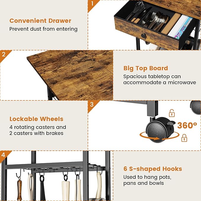 Microwave Cart, 4-Tier Microwave Stand with Adjustable Shelf, Kitchen Storage Cart on Wheels, Coffee Bar Cart Shelf for Living Room, Kitchen Island, Office, Balcony, Rustic Brown