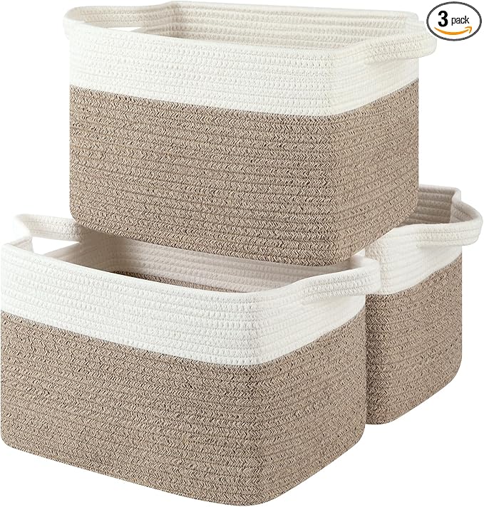 OIASKET Storage Baskets for Organizing, Woven Baskets for Shelves, Rectangle Decorative Organizer for Storage Clothes, Toy, Books, Towels Nursery Bins 3 Pack (Brown & White, 13"x9.85"x8.7")