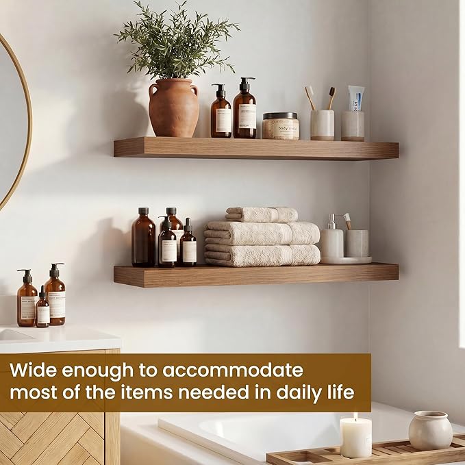Dreamland Floating Shelves, Rustic Wooden Black Wall Shelves for Bathroom|Bedroom|Kitchen, Deep Wall Mounted Book Shelf, Wood Storage Display Shelf for Home Decor, 22.5" X 6.7" Set of 2