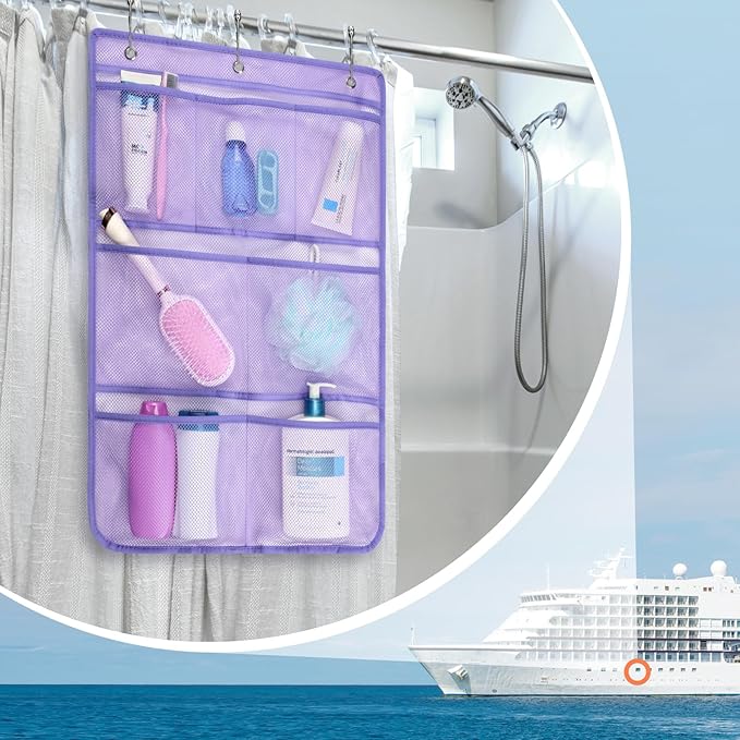 F-color Cruise Essentials 2026 - Mesh Shower Organizer Hanging with 7 Pockets for RV Gym Camping, Quick-Dry Portable Toiletry Bag with Metal Hooks for Bathroom Travel Toiletries, Purple