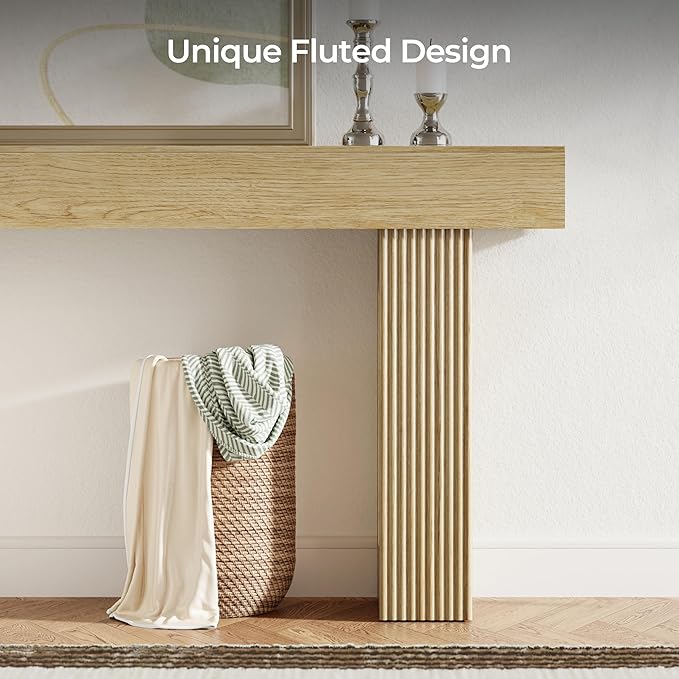 63" L x 33" H x 12" D Fluted Console Table, Modern Japandi Ribbed Entryway Table, Extra Long Sofa Table Behind Couch, Chunky Wood Hallway Table for Living Room, Oak Natural