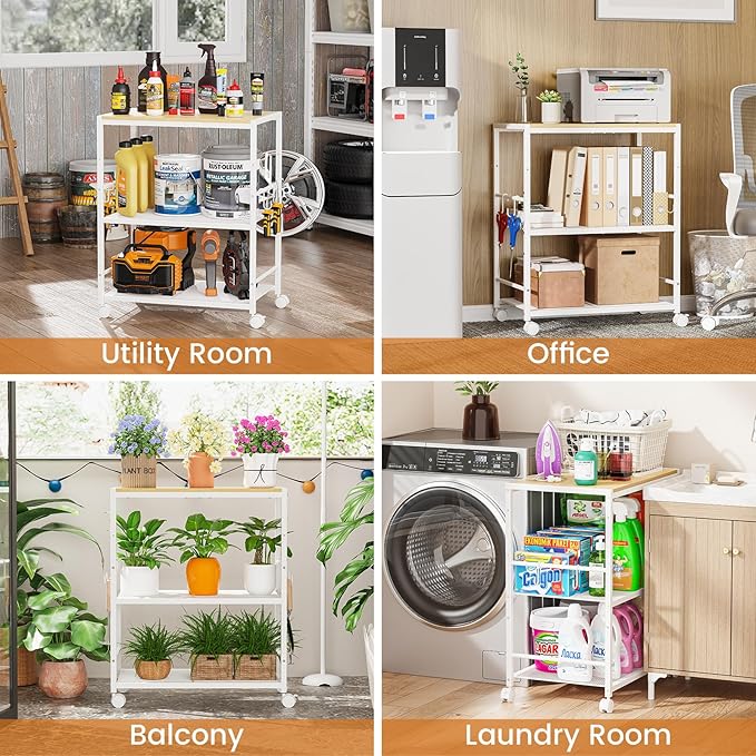 Rolling Kitchen Microwave Cart, 3-Tier Microwave Stand with Adjustable Shelf, Kitchen Storage Cart on Lockable Wheels, Coffee Bar Cart Shelf Rack Organizer for Kitchen, Living Room, Office, Balcony