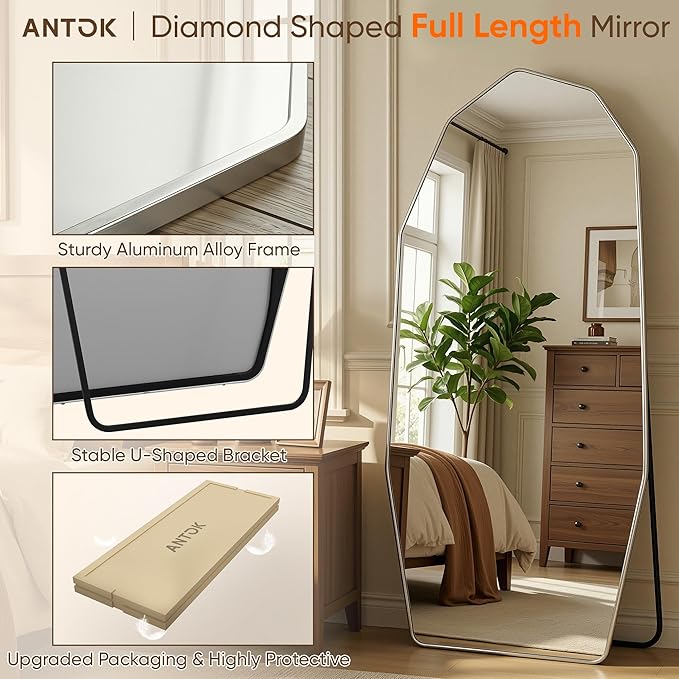 Antok Full Length Mirror, 76"x34" Floor Mirror, Free Standing Wall Mounted or Leaning Full Body Mirror with Aluminum Alloy Frame, Diamond Irregular for Bedroom Entryway Cloakroom, Silver