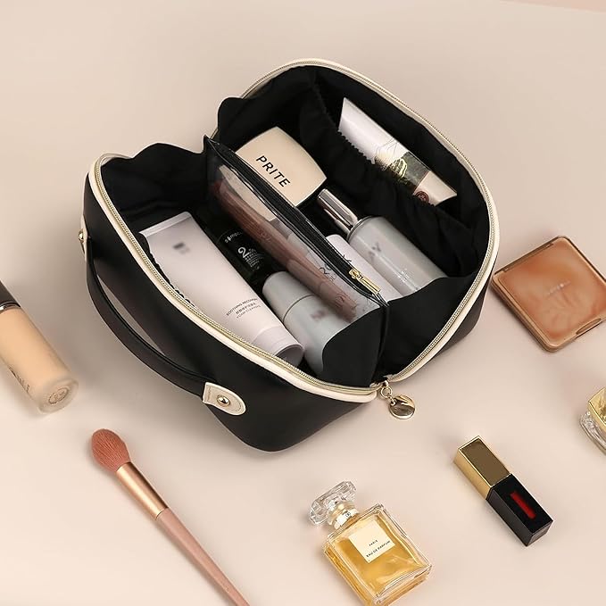 Prite Makeup Bag for Women Travel Waterproof Vegan Leather Cosmetic Bag Open Flat Toiletry Bag With Clear Divider and Handle (Black, Large)