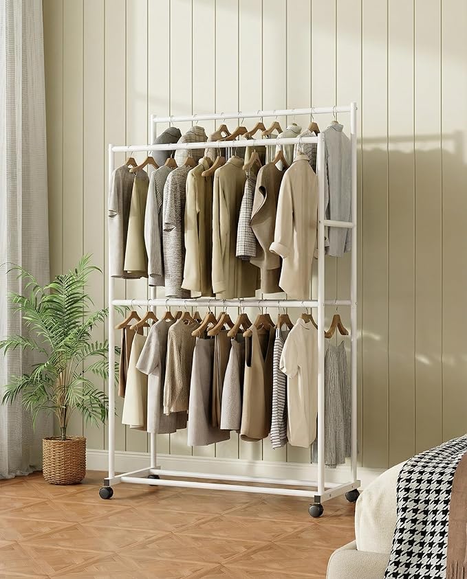 Clothes Rack 36.2" x 21.3" x 72", 4-Bar Double Rod Rolling Metal Clothing Rack for Hanging Clothes, Portable Garment Rack with Wheels for Bedroom Laundry, Closet Wardrobe, White