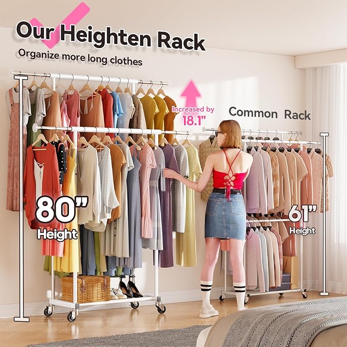 80" Tall Clothing Rack for Hanging Clothes 400 Lbs, Double Rod Rolling Clothes Rack with Lockable Wheels, Portable Garment Coat Rack for Bedroom Laundry Living Room, White