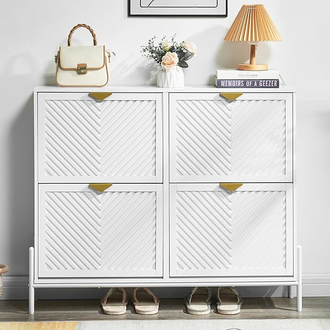 Shoe Cabinet Storage with 4 Flip Drawers, Narrow Hidden Shoes Organizer Cabinet for Entryway, Freestanding Slim Shoe Rack Front Door Entrance(White)
