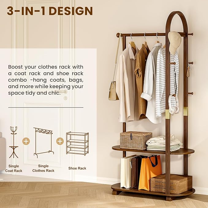 31.5" Wide 3-in-1 Freestanding Clothing Rack,Wooden Coat Rack with 2 Shelves and 6 Hooks,Solid Rubber Wood Coat Rack with Shelves for Entryway, Bedroom, Living Room, Walnut