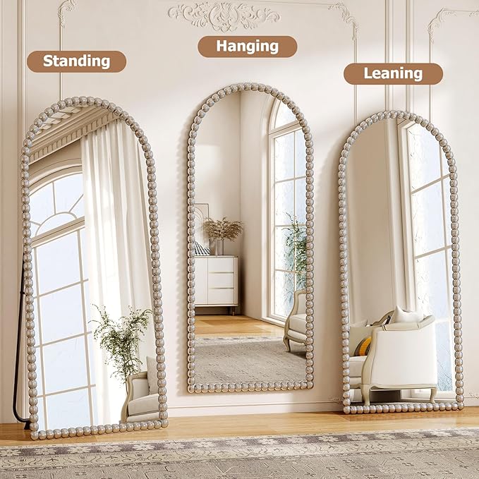 28"x71" Silver Arched Full Length Mirror, Vintage Beaded Decorative Floor Full Body Dressing Mirror as Room Decor Hanging Leaning Standing for Living Room, Bedroom, Vanity Area