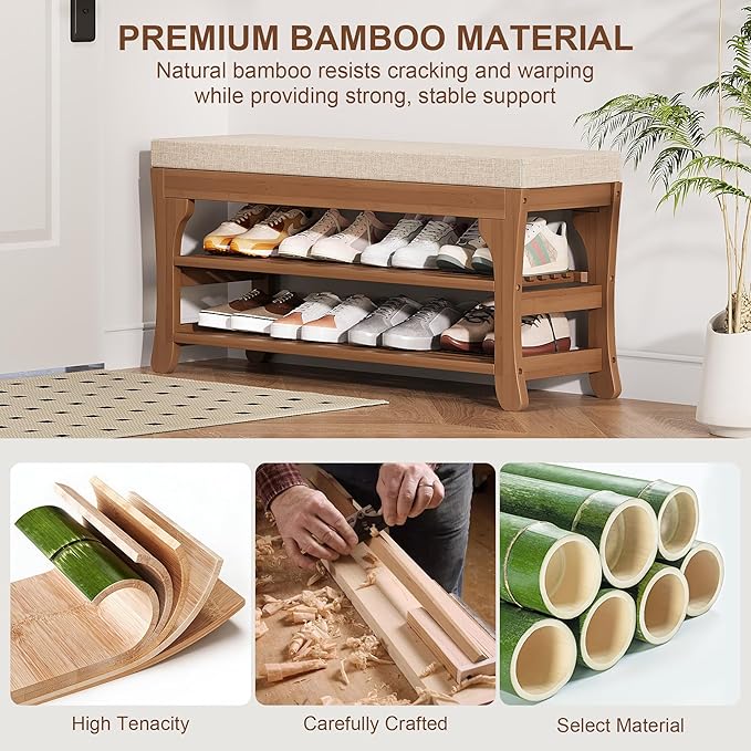 PETKABOO 39.4" Shoe Storage Bench with Cushion, Bamboo Shoe Rack Bench, 2-Tier Entryway Shoe Organizer, Supports up to 380 LB, for Hallway, Bedroom, Closet, Living Room
