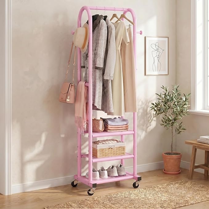 Dttwacoyh Hall Tree with Wheels and Hanging Hooks, Entryway Clothing Rack with Shoe Shelves,Pink Decorative Freestanding Metal Garment Rack Suitable for Hallway,Bedroom and Bathroom – Pink