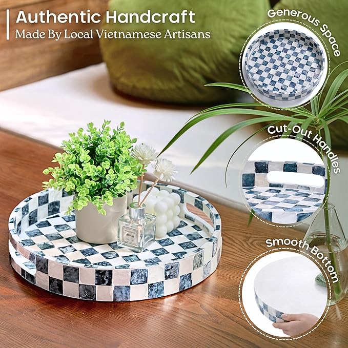 CHI AN HOME 12.6" Round Decorative Tray with Handles, Checkered Capiz Mother of Pearl Serving Tray for Coffee Table, Kitchen Counter, or Bathroom (Navy Blue)