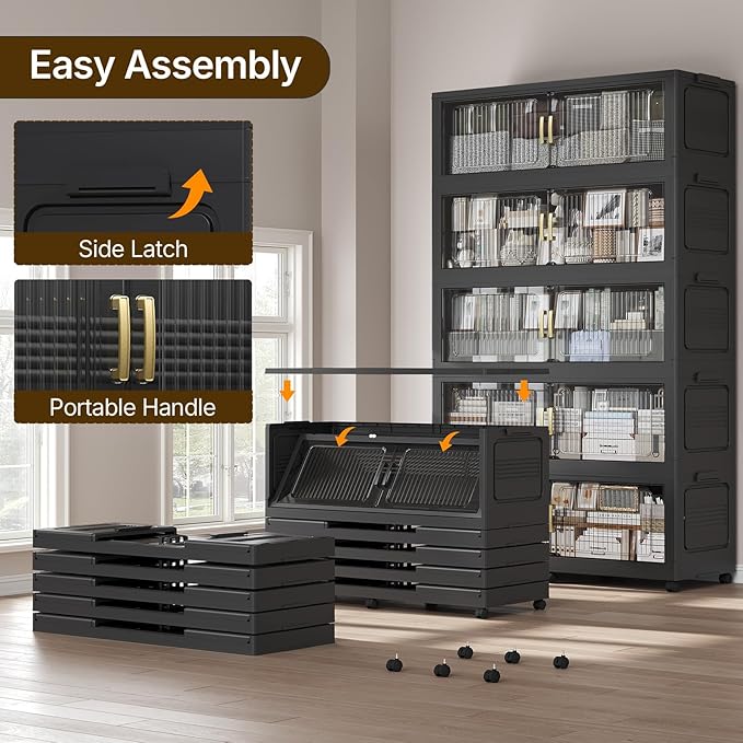 Extra Large Stackable Storage Bins with Lid, 210Gal/840QT Foldable Collapsible Storage Box with Doors, Wheels and Drawers, Plastic Closet Organizer Container for Kitchen, Bedroom, Dorm, 3Pack