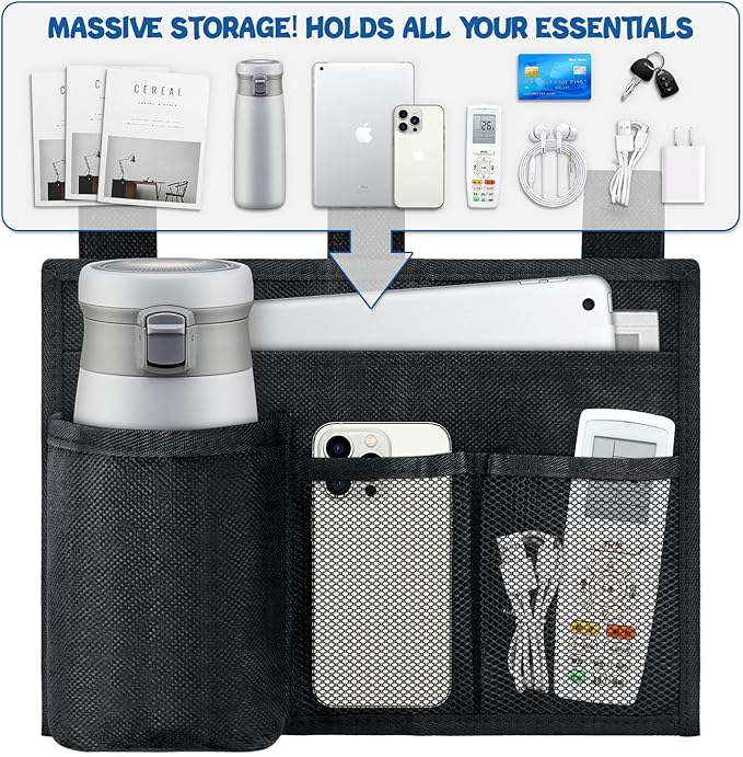 Hanging Bedside Caddy, 4 Pockets Bunk Bed Caddy, Bed Pocket for University Dormitories, Hospitals, Chairs, Crib Guardrails for Mobile Phone, Tablet Computer, Remote Control, Water Cup