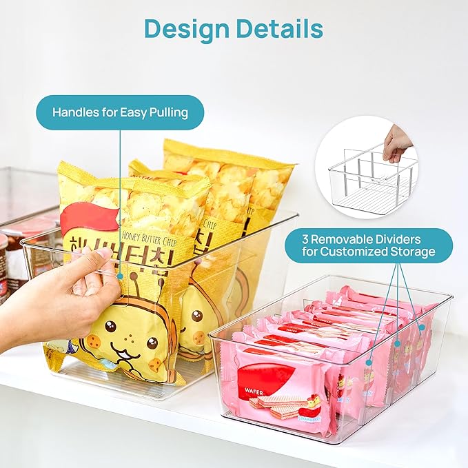 Vtopmart 4+4 Pack Clear Plastic Storage Bins Set, 4 Large Pantry Organizer Bins with Handle and 4 Medium 4-Compartment Food Storage Bins for Pantry, Kitchen, Fridge, Cabinet Organization