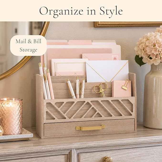 BLU MONACO | Wooden Mail Organizer with Drawer and Gold Handle | Outgoing Mail Holder and Letter Sorter for Desk | Natural Wood Desktop Paper Organizer