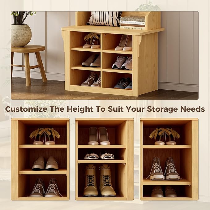 IRONCK Hall Tree with Bench and Shoe Storage, 6-in-1 Entryway Bench with Coat Rack, Adjustable Shelf, Hanging Hooks, 6 Shoe Cubbies, 2-Tier Top Storage, for Entryway, Bedroom, Living Room, Oak