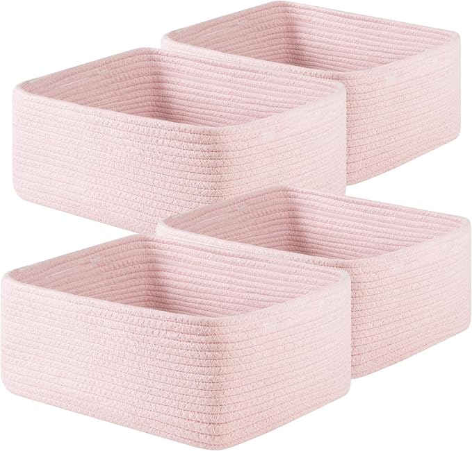 OIAHOMY 4 Pack 14.17 * 11.02 * 6.3IN Storage Baskets for Organizing Shelves, Woven Rope Baskets for Organizing Books, Clothes, Decorative Basket for Living Room, Nursery, Bedroom, Gift Basket, Pink